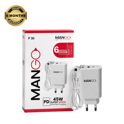Picture of 45W Super VOOC Ultra Fast Mobile Charger with Type-C Cable, USB Supported, 6 Months Warranty - MANGO P30 - White