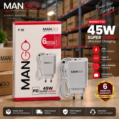 Picture of 45W Super VOOC Ultra Fast Mobile Charger with Type-C Cable, USB Supported, 6 Months Warranty - MANGO P30 - White