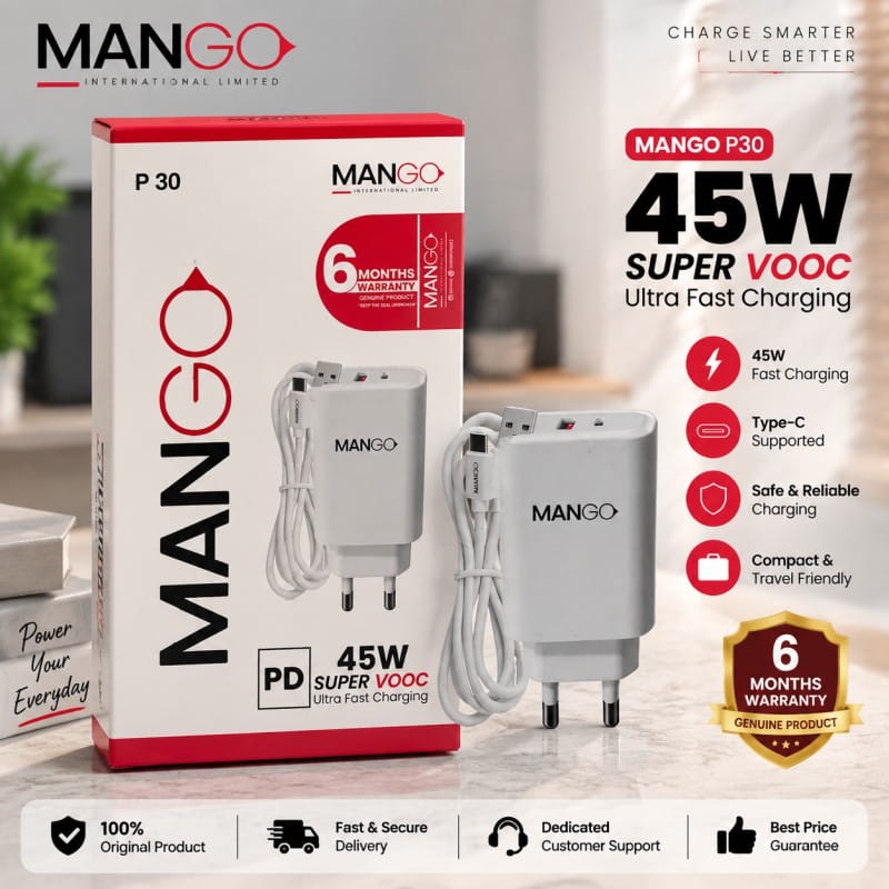 Picture of 45W Super VOOC Ultra Fast Mobile Charger with Type-C Cable, USB Supported, 6 Months Warranty - MANGO P30 - White