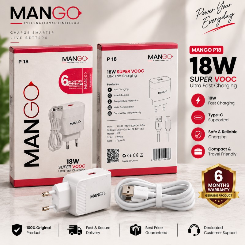 Picture of 18W Super VOOC Ultra Fast Mobile Charger with Type-C Cable, USB Supported, 6 Months Warranty - MANGO P18 - White