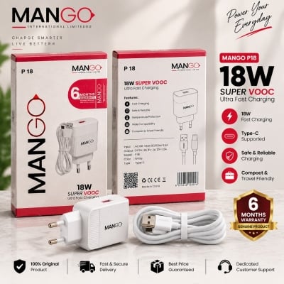 Picture of 18W Super VOOC Ultra Fast Mobile Charger with Type-C Cable, USB Supported, 6 Months Warranty - MANGO P18 - White