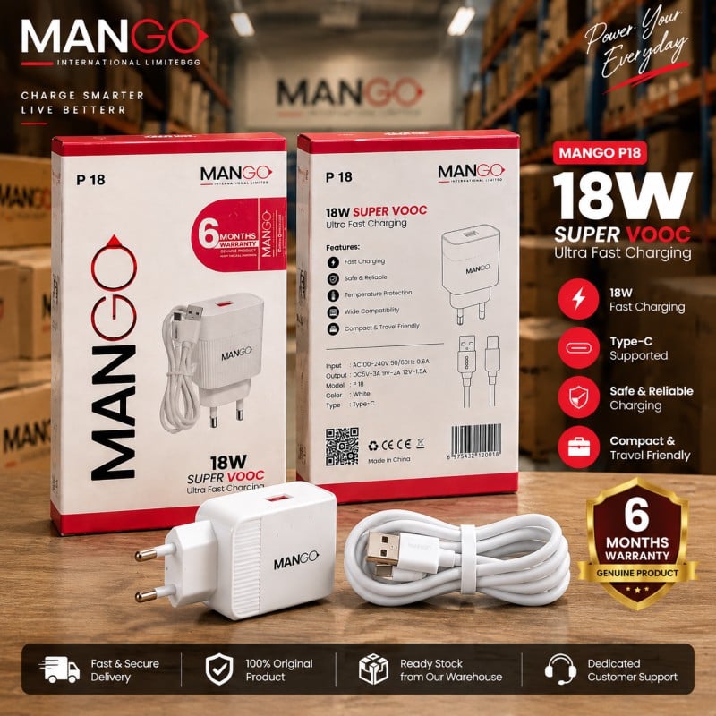 Picture of 18W Super VOOC Ultra Fast Mobile Charger with Type-C Cable, USB Supported, 6 Months Warranty - MANGO P18 - White