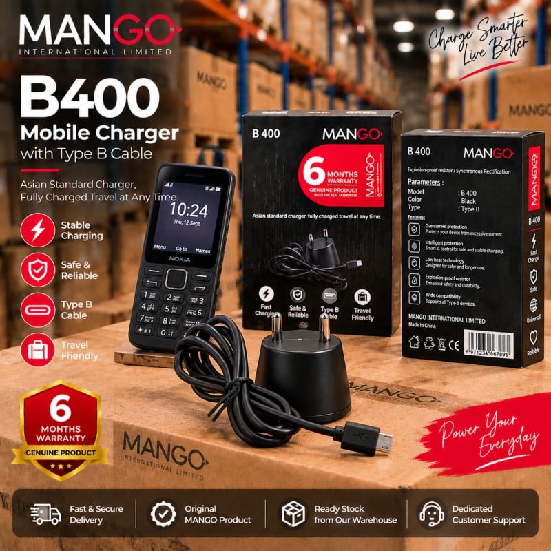 Picture of 2W Mobile Charger with Type B Cable | USB Charging Adapter with 6 Months Warranty - MANGO B400 - Black