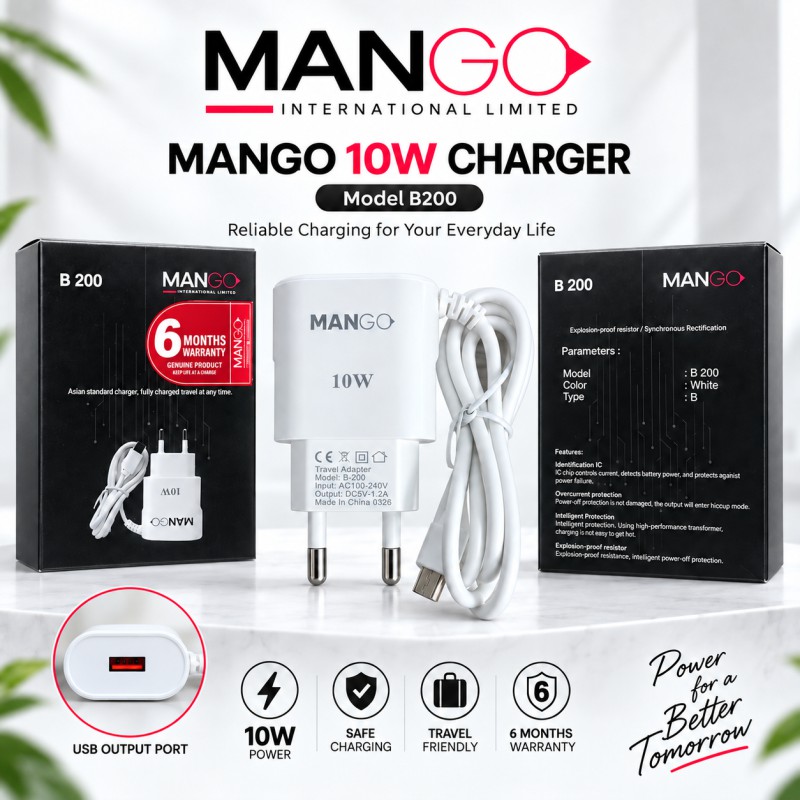 Picture of 10W Mobile Charger with Type B Cable | USB Travel Adapter for Android Phone with 6 Months Warranty | MANGO B200 - White