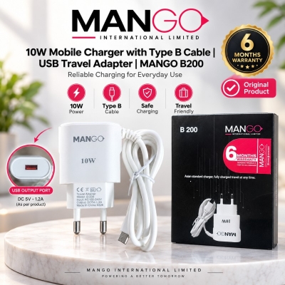 Picture of 10W Mobile Charger with Type B Cable | USB Travel Adapter for Android Phone with 6 Months Warranty | MANGO B200 - White