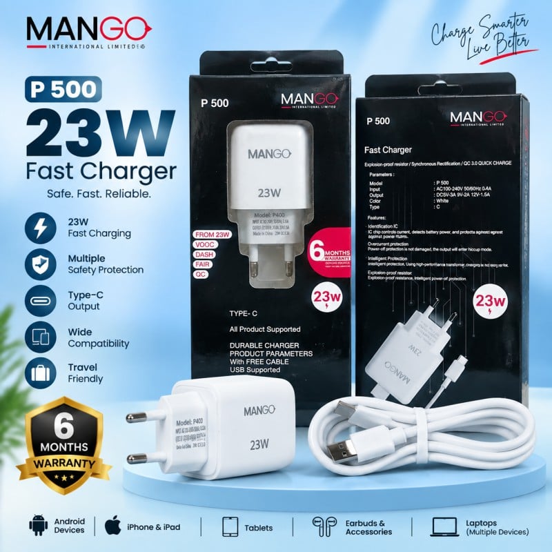 Picture of 23W Fast Charging Adapter with Type-C Cable, QC 3.0 Support & 6 Months Warranty - MANGO P500 - White