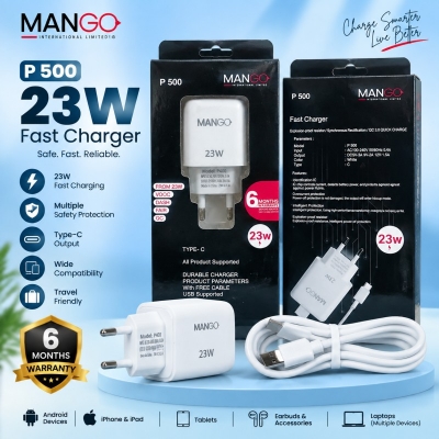 Picture of 23W Fast Charging Adapter with Type-C Cable, QC 3.0 Support & 6 Months Warranty - MANGO P500 - White