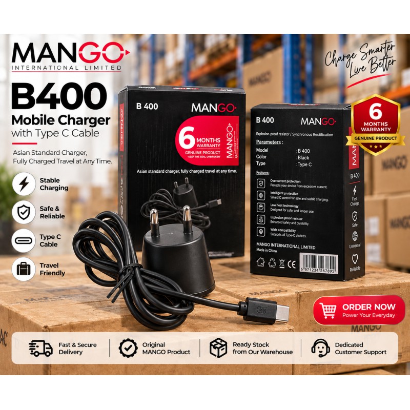 Picture of 2W Mobile Charger with Type C Cable | USB Charging Adapter with 6 Months Warranty - MANGO B400 - Black