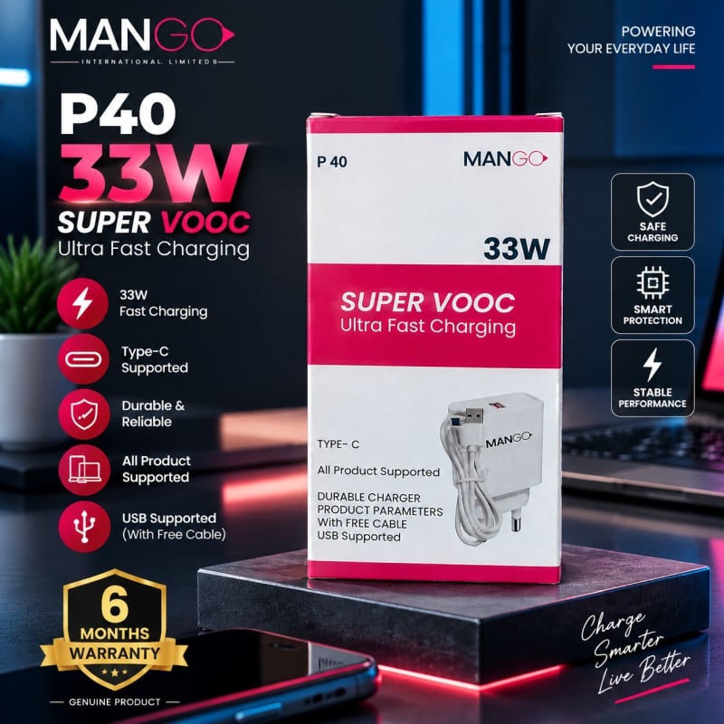 Picture of 33W Super VOOC Fast Charger with Type-C Cable with 6 Months Warranty | MANGO P40 - White