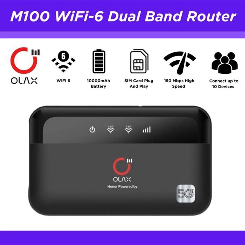 Picture of OLAX M100 Power Bank WiFi Router – 10,000mAh Portable Charger & WiFi 6 4G Router (Dual-Band, SIM Support) - Black