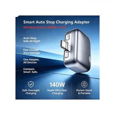 Picture of Smart Auto Stop Full Charging Adapter Overcharge Protection – AI Powered Auto Eject USB-C for Smartphone,Laptop Tablet - White