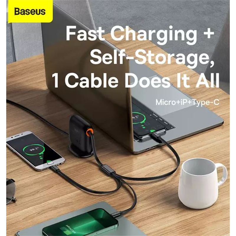 Picture of Baseus Traction Series Retractable 3-in-1 Fast Charging Cable Desktop Organizer Type-C to M+L+C 100W - Black