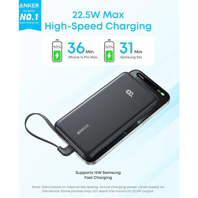 Picture of Anker Zolo 10000mAh 22.5W Power Bank with Built-in Type-C Cable - Black