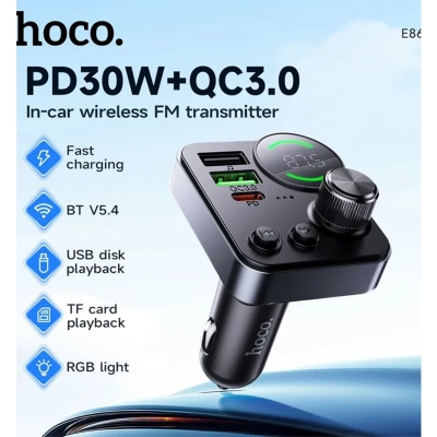 Picture of E86 Alegria 48W Dual Port Car Charger | 30W PD + QC3.0 | Bluetooth 5.4 FM Transmitter - Black