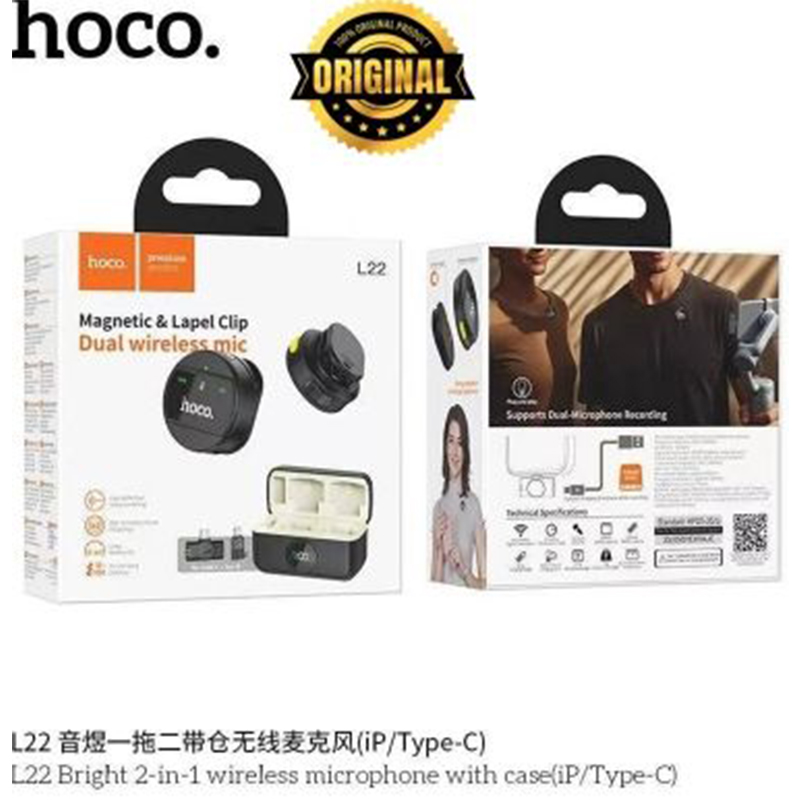 Picture of HOCO L22 Dual Wireless Magnetic & Lapel Clip Microphone – Smart Sound, Effortless Recording - Black