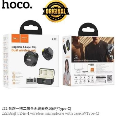 Picture of HOCO L22 Dual Wireless Magnetic & Lapel Clip Microphone – Smart Sound, Effortless Recording - Black