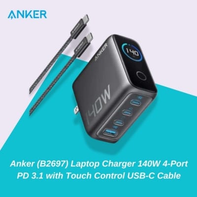 Picture of Anker (B2697) Laptop Charger 140W 4-Port PD 3.1 with Touch Control USB-C Cable - Black