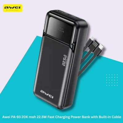 Picture of Awei PA‑93 20000mAh 22.5W Fast Charging Power Bank with Built‑in Dual Cables - Black