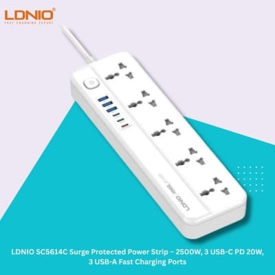 Picture of LDNIO SC5614C Surge Protected Power Strip – 2500W, 3 USB-C PD 20W, 3 USB-A Fast Charging Ports - White