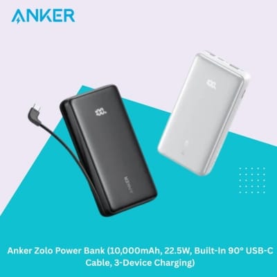 Picture of Anker Zolo Power Bank (10,000mAh, 22.5W, Built-In 90° USB-C Cable, 3-Device Charging) - Black