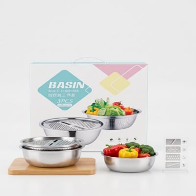 Picture of 3-in-1 Stainless Steel Multi-Purpose Basin Set (26cm) - Vegetable Cutter, Grater & Drain Basket Mixing Bowl
