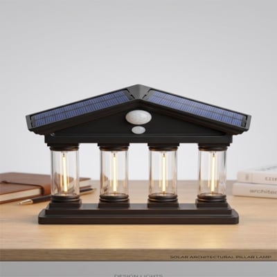 Picture of Solar Powered 4-Pillar Outdoor Wall & Gate Lamp with PIR Motion Sensor & Warm Filament LED
