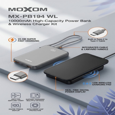 Picture of MOXOM MX-PB194 WL 10000mAh Power Bank – 22.5W Super Fast Charging with 15W Wireless Charging & Built-in Type-C Cable
