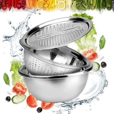 Picture of 3 In 1 Multifunctional Stainless Steel Basin With Vegetable Cutter + Drain Basket