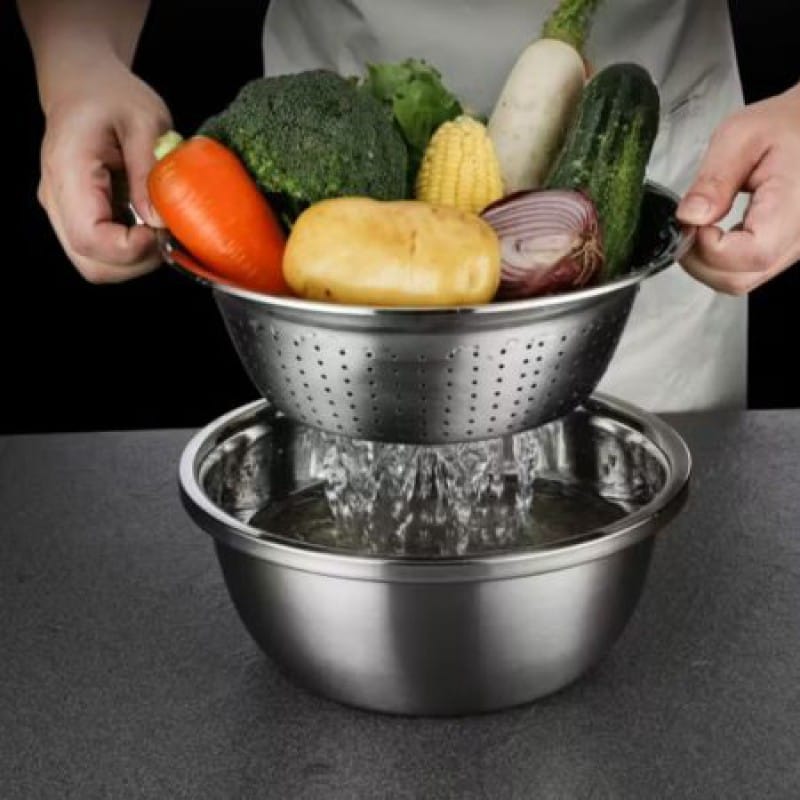 Picture of 3 In 1 Multifunctional Stainless Steel Basin With Vegetable Cutter + Drain Basket