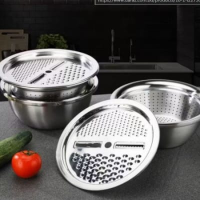 Picture of 3 In 1 Multifunctional Stainless Steel Basin With Vegetable Cutter + Drain Basket