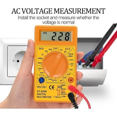 Picture of DT830B Digital Multimeter, Handheld Digital Multimeter LCD Backlight Portable AC/DC Ammeter Voltmeter Ohm Voltage Tester Meter Multimeter with Wire Yellow