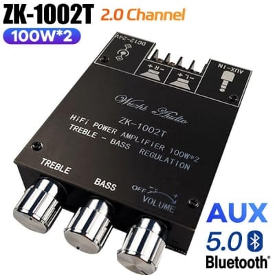 Picture of ZK-1002T 2.0 Channel Bluetooth Amplifier Board, 200W Stereo Audio AMP with Bluetooth and AUX Inputs,with Treble and Bass Control Power Vehicle Amplifier for DIY Speakers Black