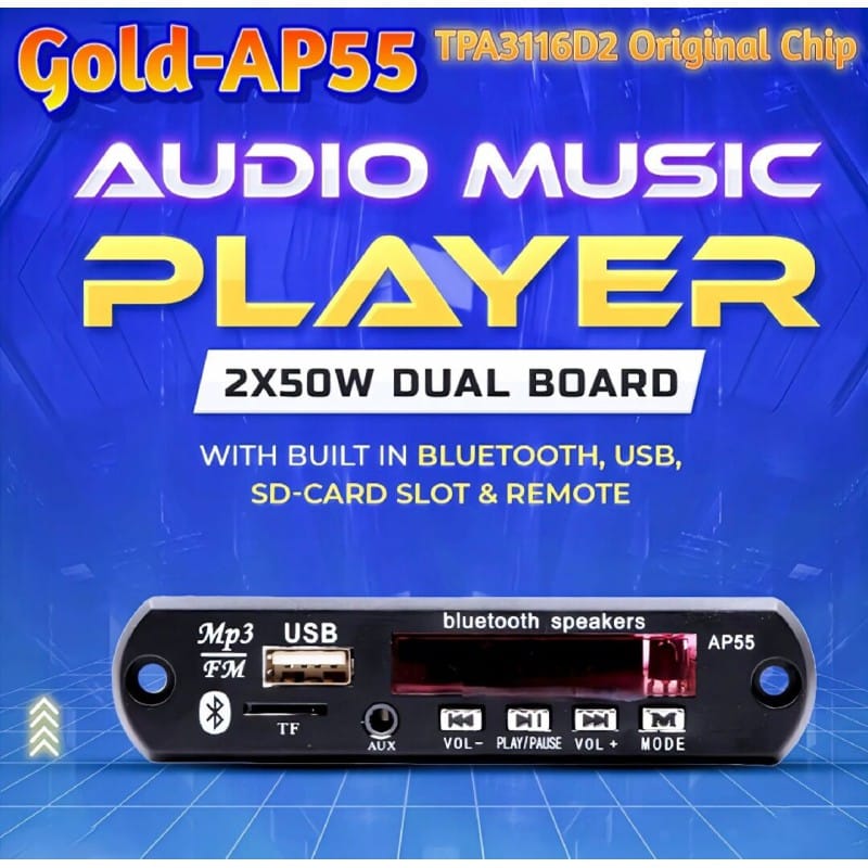 Picture of Gold-Ap55 TPA3116D2 Audio Music Player: 2x50w Dual Board With Built In Bluetooth, Usb, Sd-Card Slot & Remote by Power Flash Black