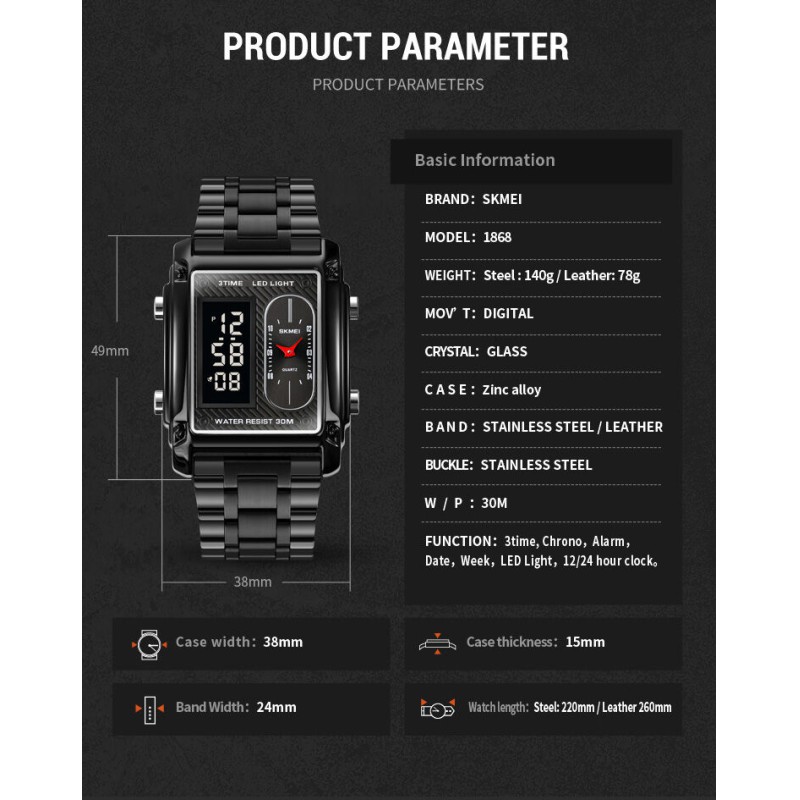 Picture of Superlative Trendsetter -Upscale Living -SKMEI 1868 Multiple Time Digital And Analog Waterproof Watch Black- Inventive Choice Black