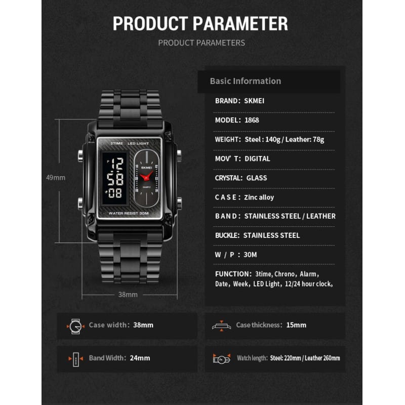Picture of SKMEI 1868 Multiple Time Digital And Analog Waterproof Watch Black- Inventive Choice Black