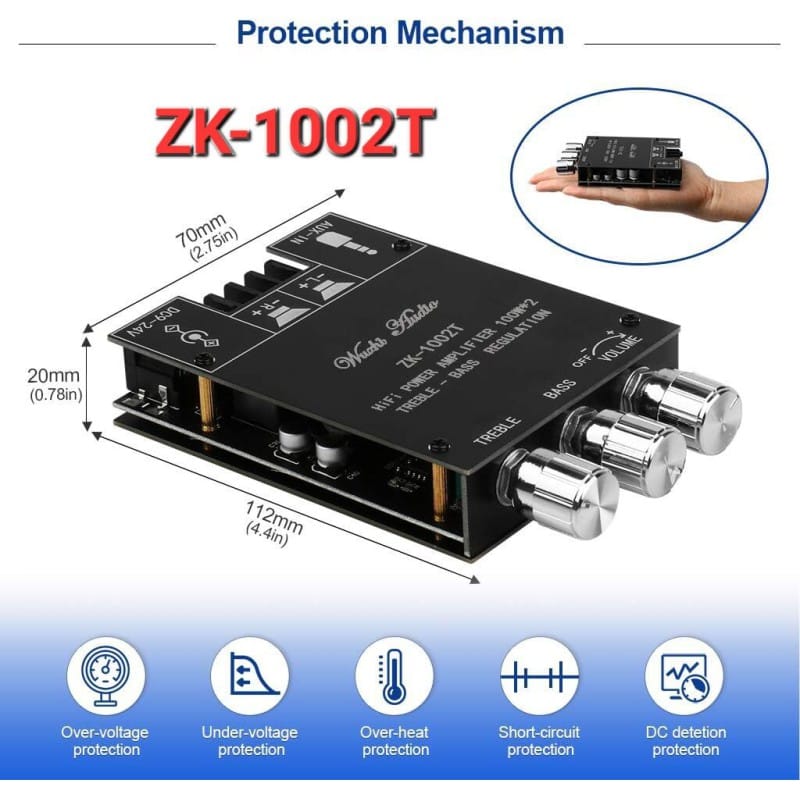 Picture of ZK-1002T 2.0 Channel Bluetooth Amplifier Board, 200W Stereo Audio AMP with Bluetooth and AUX Inputs,with Treble and Bass Control Power Vehicle Amplifier for DIY Speakers Black
