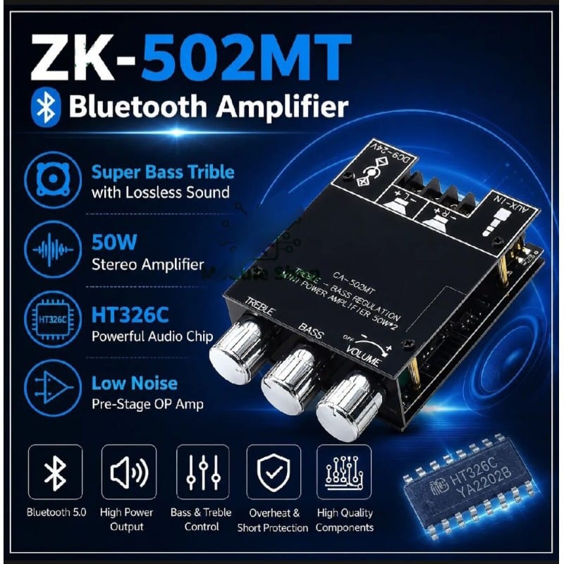 Picture of ZK‑502MT Bluetooth 5.0 High‑Power Stereo Amplifier Board – 2 × 50 W (2.0 Channel) with Dedicated Subwoofer/Bass Boost Black