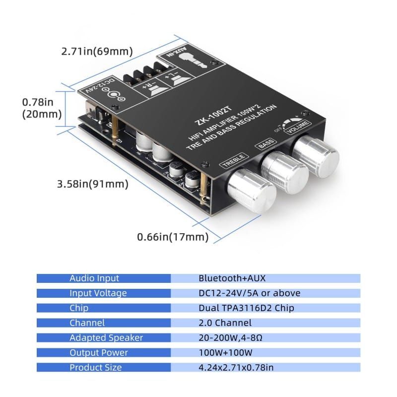 Picture of ZK-1002T 2.0 Channel Bluetooth Amplifier Board, 200W Stereo Audio AMP with Bluetooth and AUX Inputs,with Treble and Bass Control Power Vehicle Amplifier for DIY Speakers Black