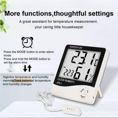 Picture of HTC-2 Digital LCD Thermometer Hygrometer Electronic Temperature Humidity Meter Weather Station Indoor Outdoor Tester Alarm Clock White