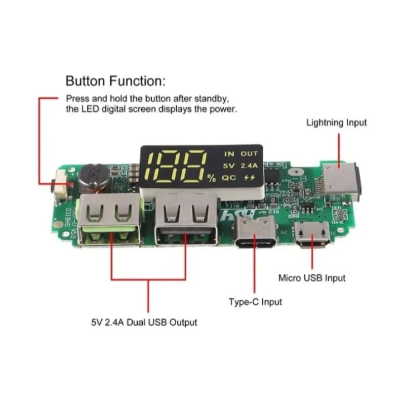 Picture of LED Dual USB 5V 2.4A Micro/Type-C USB Mobile Power Bank 18650 Charging Module Lithium Battery Charger Board Circuit Protection Green