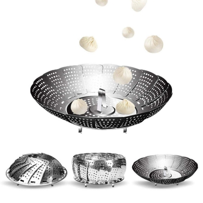 Picture of Stainless Steel Steamers Foldable Pasta Pot 3 in 1 Steaming Plate Food Fruit Trays Vegetable Rack Drains Dish Cooking Tool-Silver