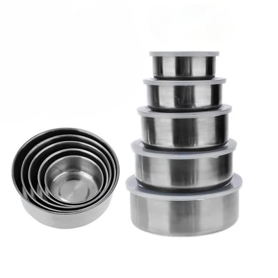 Picture of Stainless Steel Food Box 5 Pieces With Food Grade Plastic Cover - Tiffin Box For Office-Silver