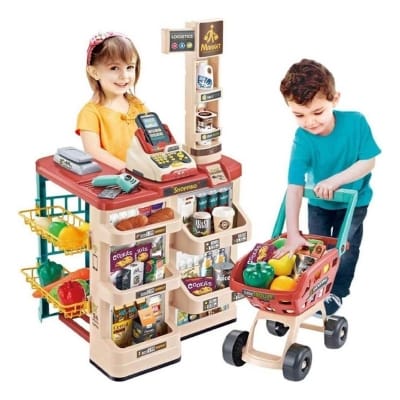 Picture of LONGMIRE 48 Piece Kids Toys Pretend Role Play Electronic Toy with Shopping Cart and Sound Effects Supermarket Kit for Kids (New Home Supermarket) - Multicolor