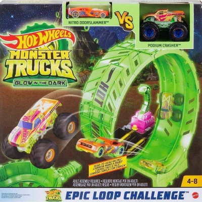 Picture of Hot Wheels Monster Trucks Glow in The Dark Epic Loop Challenge Playset with Launcher, Ramp & Giant Loop, Includes 1 1:64 Scale Die-Cast Truck & 1 Car, Toy Gift for Kids 4 to 8 Years Old