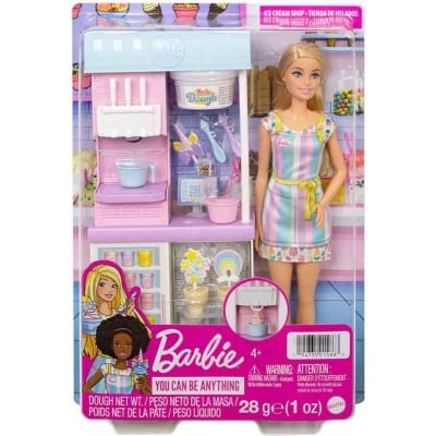 Picture of Barbie Ice Cream Playset with 12-Inch Blonde Doll Feature 2 Batter Containers 2 Bowls 2 Cones 3 Decorative Toppers 2 Scoops and Register-HCN46 - Multicolor