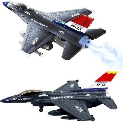 Picture of Fighter Jet Toy F-16 Toy Jets for Kids Military Plane Army Air Force Pull Back Fighter Toy diecast Metal Aircraft with Spray Effect Lights and Sounds for Boys Girls Age 3-12+ (F 16 Blue) - Blue