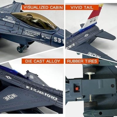 Picture of Fighter Jet Toy F-16 Toy Jets for Kids Military Plane Army Air Force Pull Back Fighter Toy diecast Metal Aircraft with Spray Effect Lights and Sounds for Boys Girls Age 3-12+ (F 16 Blue) - Blue