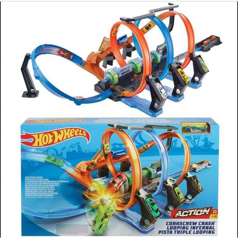 Picture of Hot Wheels Toy Car Track Set, Corkscrew Crash with 1:64 Scale Car, 3 Crash Zones, Powered by Motorized Booste