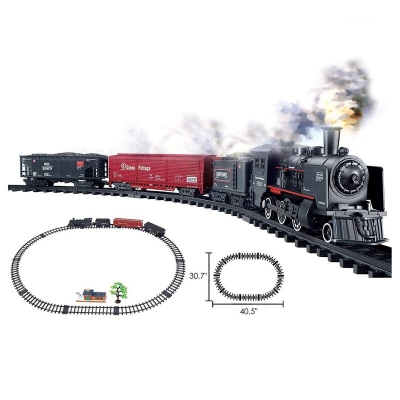 Picture of Rail King Train Set Toy with Smoke, Light, Locomotive, Cargo Car, and Tracks Powered by Battery - Multicolor