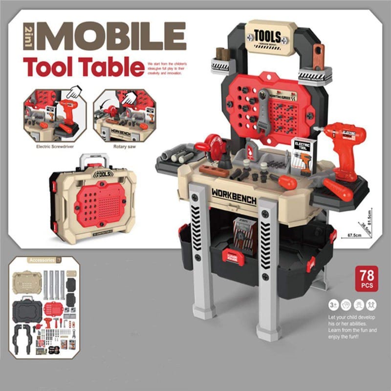 Picture of Portable tool box electric drill tool bench,New 78pcs Simulation Children's Repair Tool Bench Fix Toy Seats Montessori Toy - Red